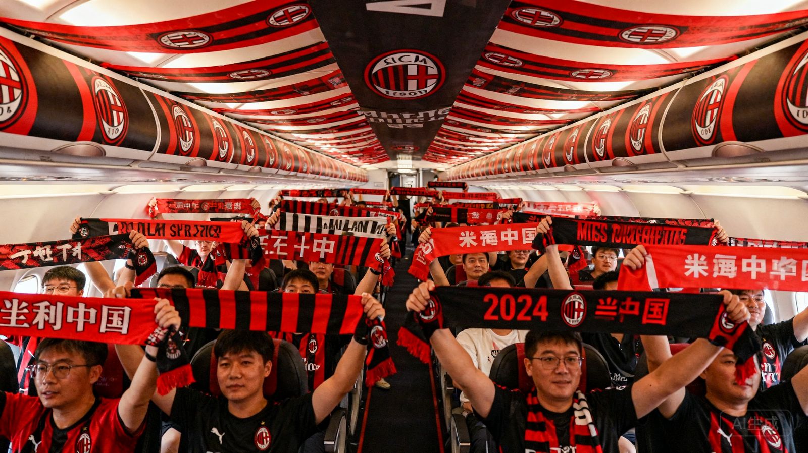 2024年米兰体育组织中国球迷包机前往圣西罗球场，飞机上球迷们高举围巾和旗帜，机舱内一片红黑色海洋